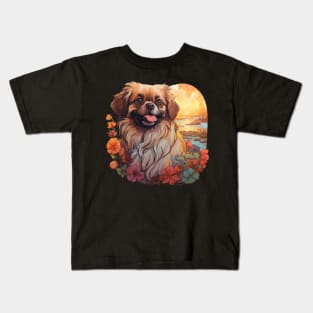 Pekingese Dog Flower Kids T-Shirt